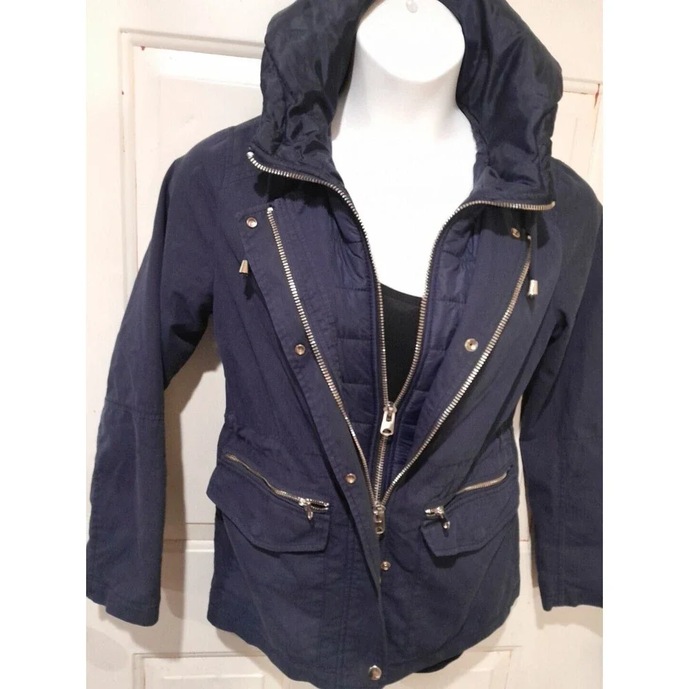 TOPSHOP Women's Navy Blue Hooded Puffer Winter Zip Up Jacket Sz 6